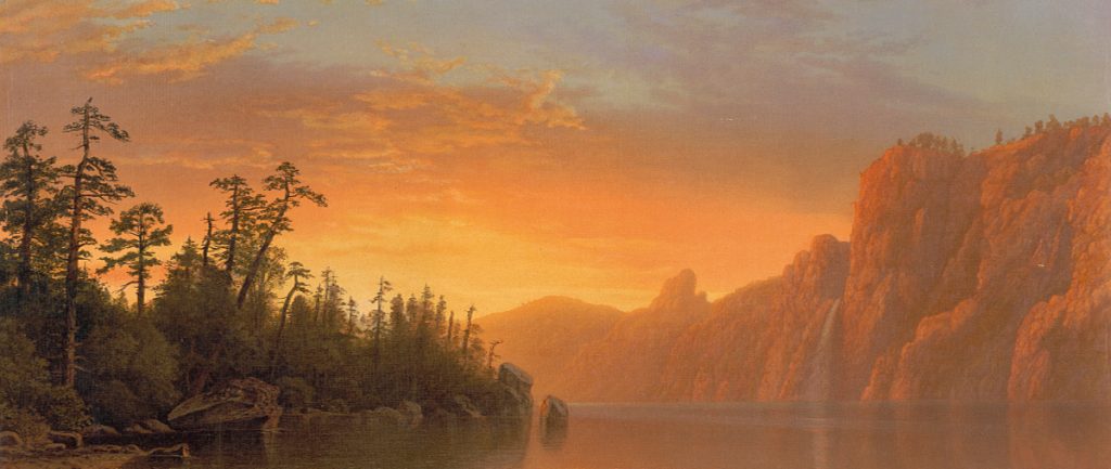 painting of an American landscape featuring rock formations and trees