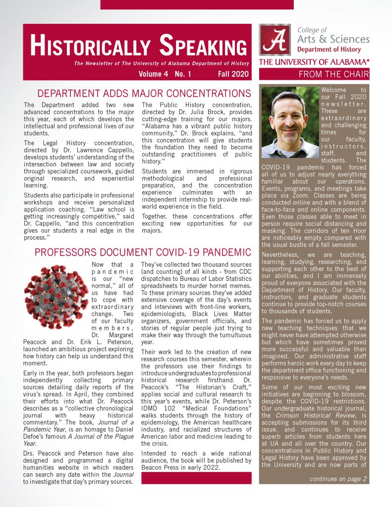 Cover page of the Fall 2020 departmental newsletter