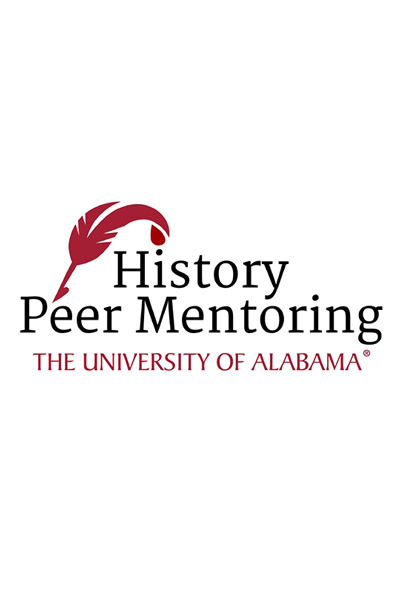 Logo of the Peer Mentors, which incorporates a crimson colored quill and the words History Peer Mentoring