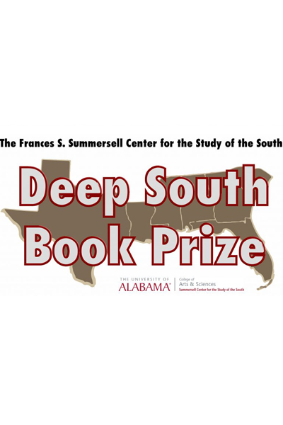 Deep South book prize logo which is a map of the seven deep south states with the words deep south book prize superimposed.