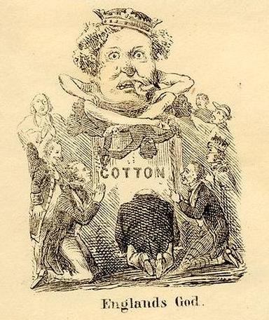 Drawing from the antebellum period that says "cotton is king" and shows industrialists bowing before a king-like cotton figure.