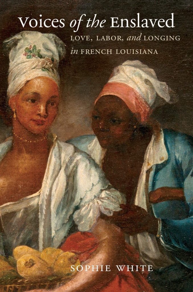 Dust jacket for Voices of the Enslaved. Shows a painting of two enslaved women talking.