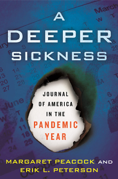 Dust jacket for A Deeper Sickness. Shows a hole burning through the pages of a paper calendar.