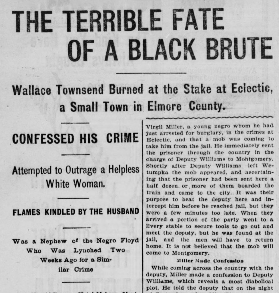 Newspaper clipping about a lynching in Elmore County. 