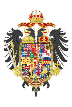 Holy Roman Empire coat of arms. Shows two nasty looking birds looking left and right with a crest that includes the flags of all the HRE states.