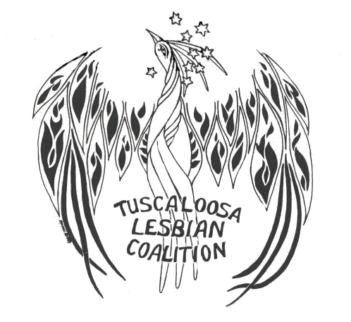 Logo of the Tuscaloosa Lesbian Coalition. Black and white drawing of a bird, wings spread, head held high, with stars around the head.