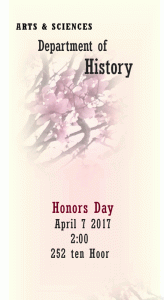 This image shows crab apple blossoms behind a text with the time and date of the Honors Day convocation.