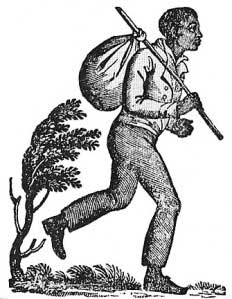 This image is a wood cut print of an enslaved man attempting to run away. He was all his possessions in a hobo bindle.