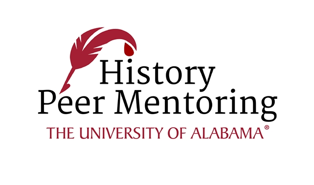 History peer mentor logo. Includes a quill and the words "History Peer Mentoring."