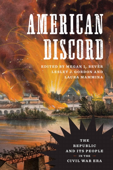 Dust jacket for American Discord. It shows a battle scene depicting Richmond on fire after the Confederate withdrawal from that town in April 1865.