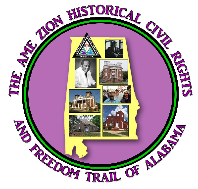 Logo for the AMEZ Freedom Trail. Map of Alabama overlain a lavender background. 