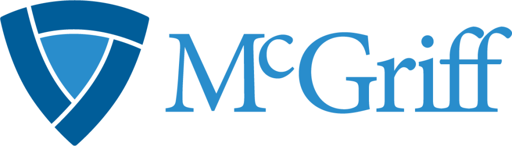 McGriff insurance logo. Has the name McGriff and shows an upside down triangle with rounded edges.