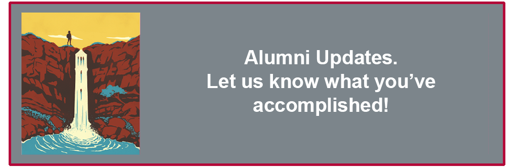 Image showing a crimson waterfall with text saying for alumni to let us know what they've accomplished.