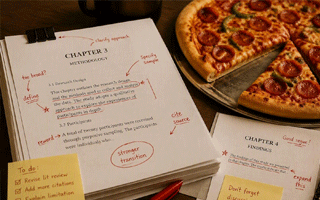 A stack of dissertation chapter drafts sits on a desk beside a pepperoni pizza. The printed pages are covered with red editorial markup, including comments such as “define,” “cite source,” “reword,” and “stronger transition,” with underlines, arrows, and circled notes throughout the text. A second chapter draft, sticky notes with revision reminders, and a red pen are visible in the foreground. The scene combines academic writing and revision work with an informal pizza-filled workspace.